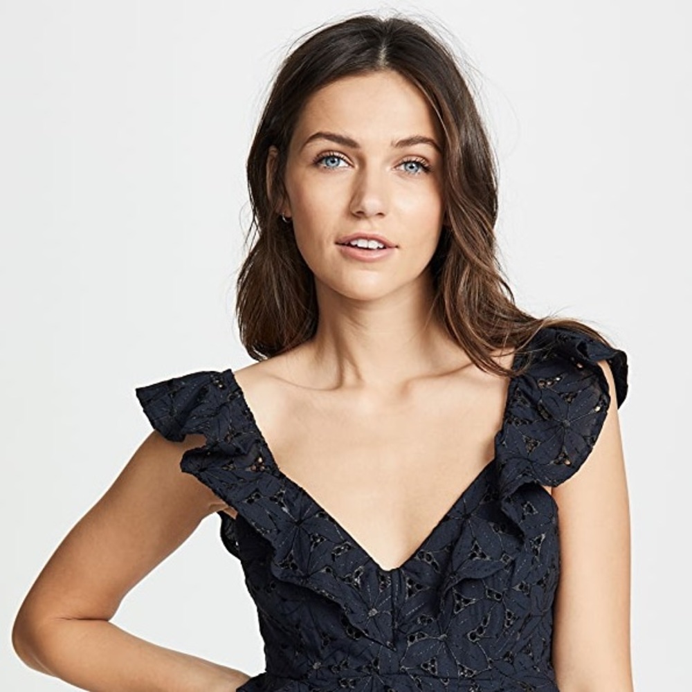 ASTR ALEXIS ROMPER Ruffle Cut Out Back Eyelet Floral Embroidery Dark Blue - Picture 3 of 16